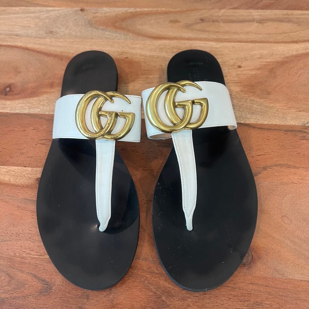 6 Gucci Double G Leather Thong Sandals in white leather Flip Flops Flats - Picture 4 of 10